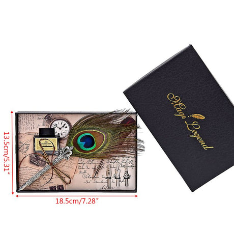 Handmade Peacock Feather Quill Dip Fountain Pen Set