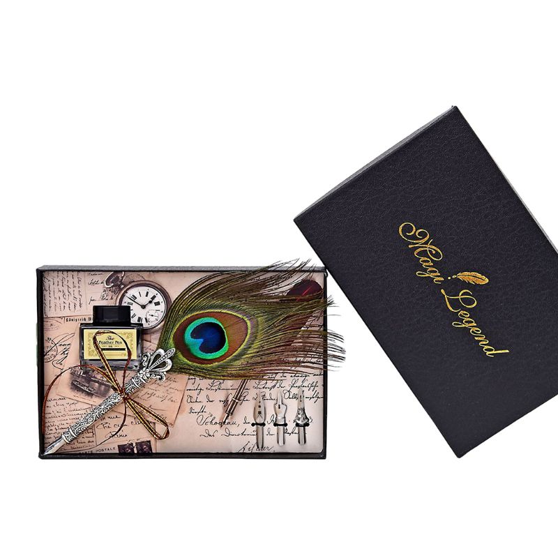 Handmade Peacock Feather Quill Dip Fountain Pen Set