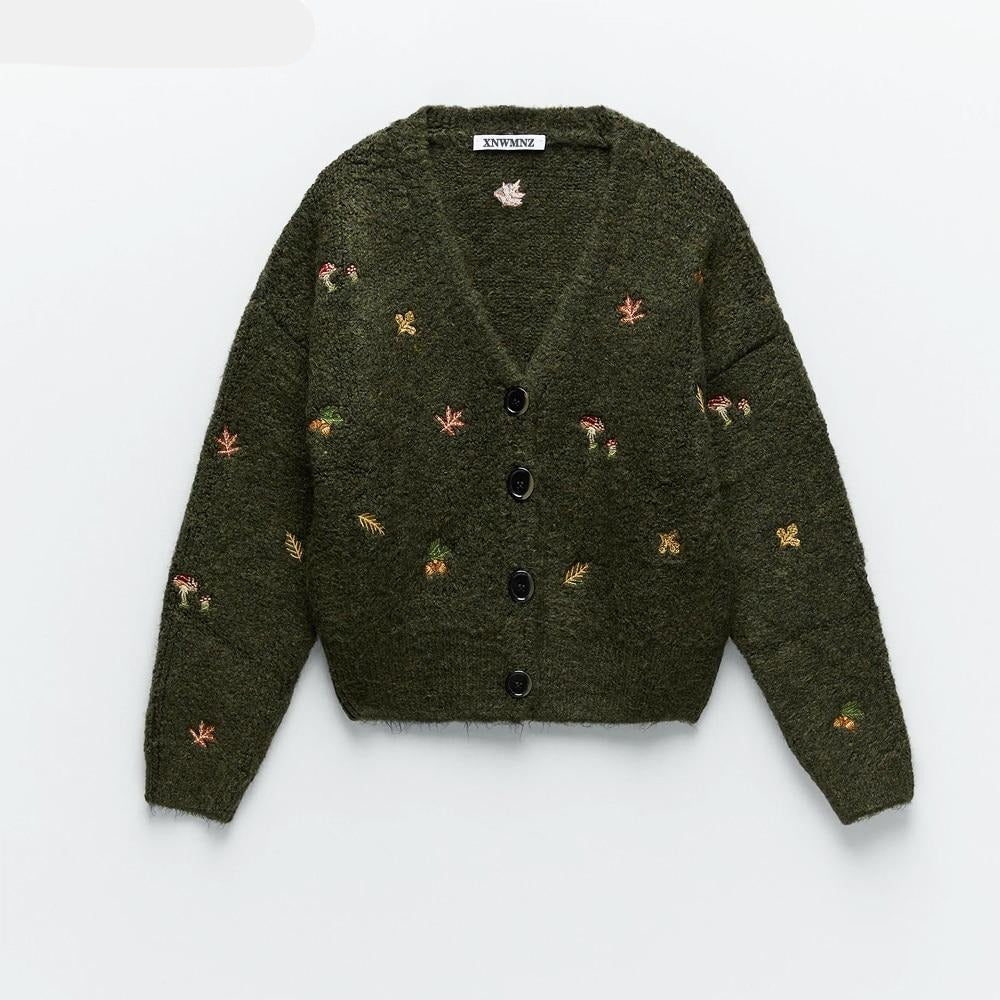 Woodland Forest Knit Cardigan with Embroidered Woodland Vibes