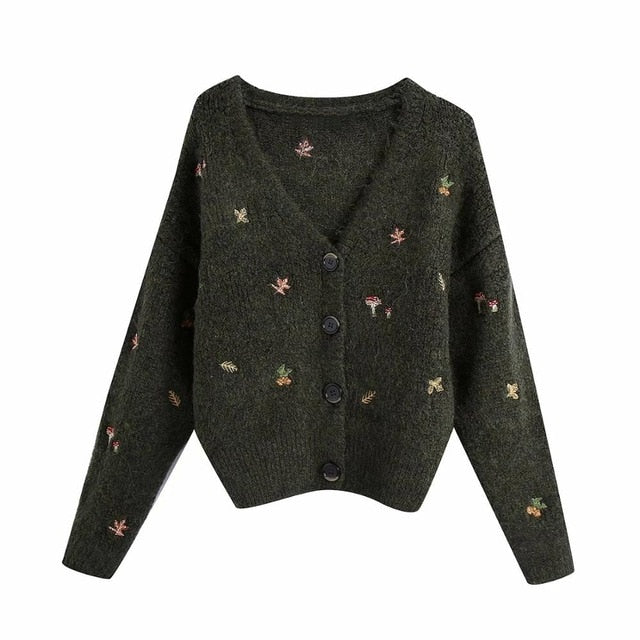 Woodland Forest Knit Cardigan with Embroidered Woodland Vibes