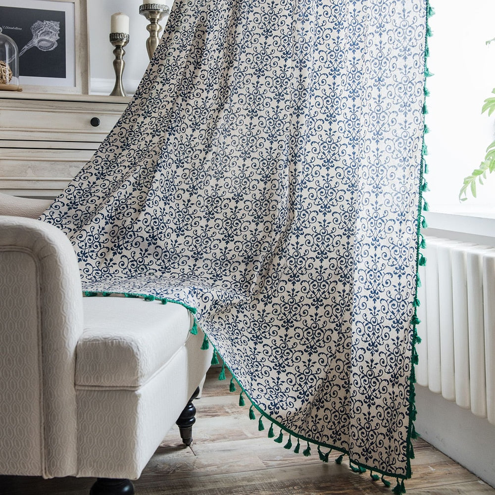 Navy Blue & Green Linen Cotton Curtain Panel with Tassels