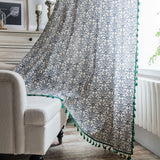 Navy Blue & Green Linen Cotton Curtain Panel with Tassels