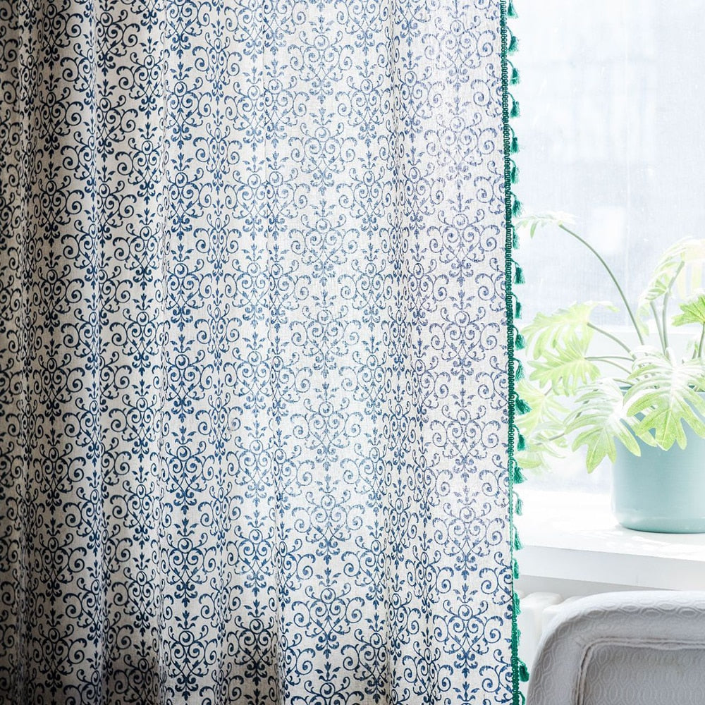 Navy Blue & Green Linen Cotton Curtain Panel with Tassels