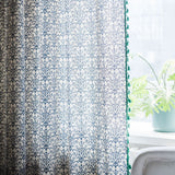 Navy Blue & Green Linen Cotton Curtain Panel with Tassels