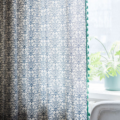 Navy Blue & Green Linen Cotton Curtain Panel with Tassels