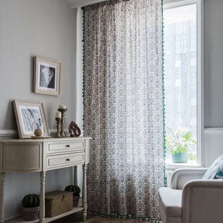 Navy Blue & Green Linen Cotton Curtain Panel with Tassels