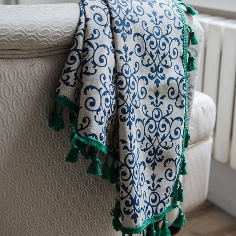 Navy Blue & Green Linen Cotton Curtain Panel with Tassels