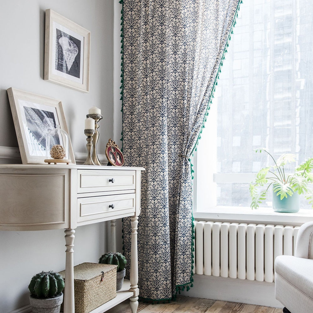 Navy Blue & Green Linen Cotton Curtain Panel with Tassels