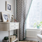 Navy Blue & Green Linen Cotton Curtain Panel with Tassels