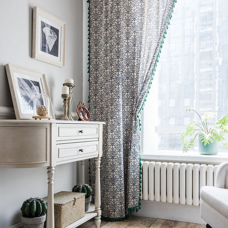 Navy Blue & Green Linen Cotton Curtain Panel with Tassels