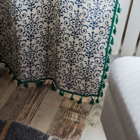 Navy Blue & Green Linen Cotton Curtain Panel with Tassels