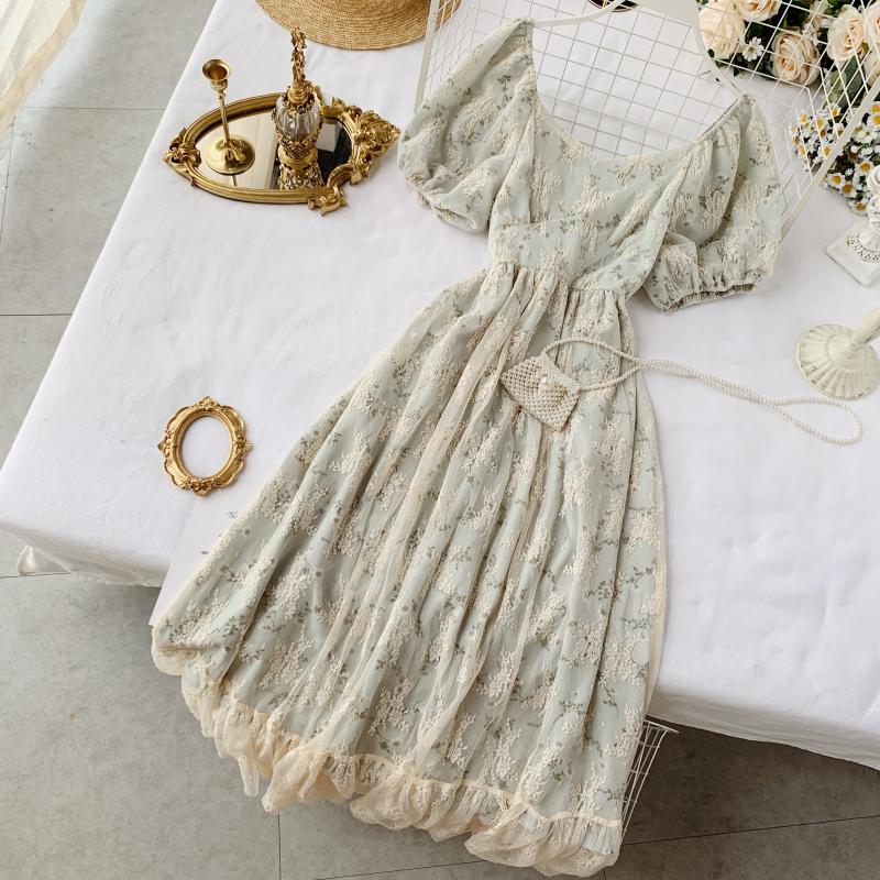 Fairy Maiden Dress Vintage French Inspired Puff Sleeve Floral Lace Dress
