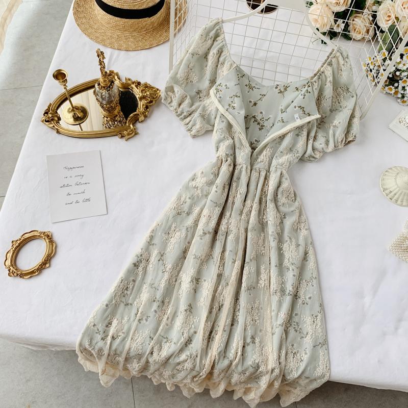 Fairy Maiden Dress Vintage French Inspired Puff Sleeve Floral Lace Dress