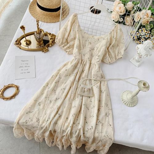 Fairy Maiden Dress Vintage French Inspired Puff Sleeve Floral Lace Dress