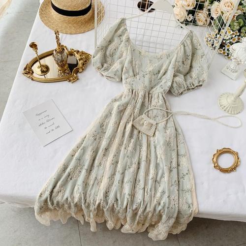 Fairy Maiden Dress Vintage French Inspired Puff Sleeve Floral Lace Dress