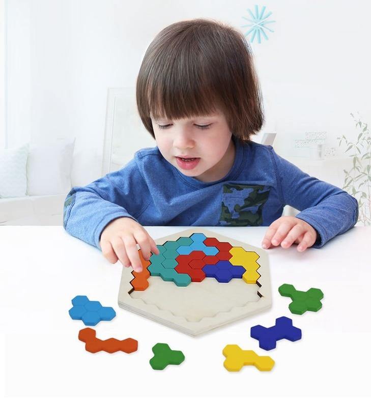 Wooden Hexagon Honeycomb Kids Puzzle Toy Colourful Shapes Educational Toys - Woodland Gatherer