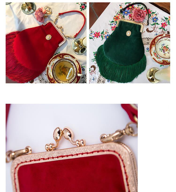 Emerald Green Velvet Handmade Vintage Fringe Tassel Handbags Purses