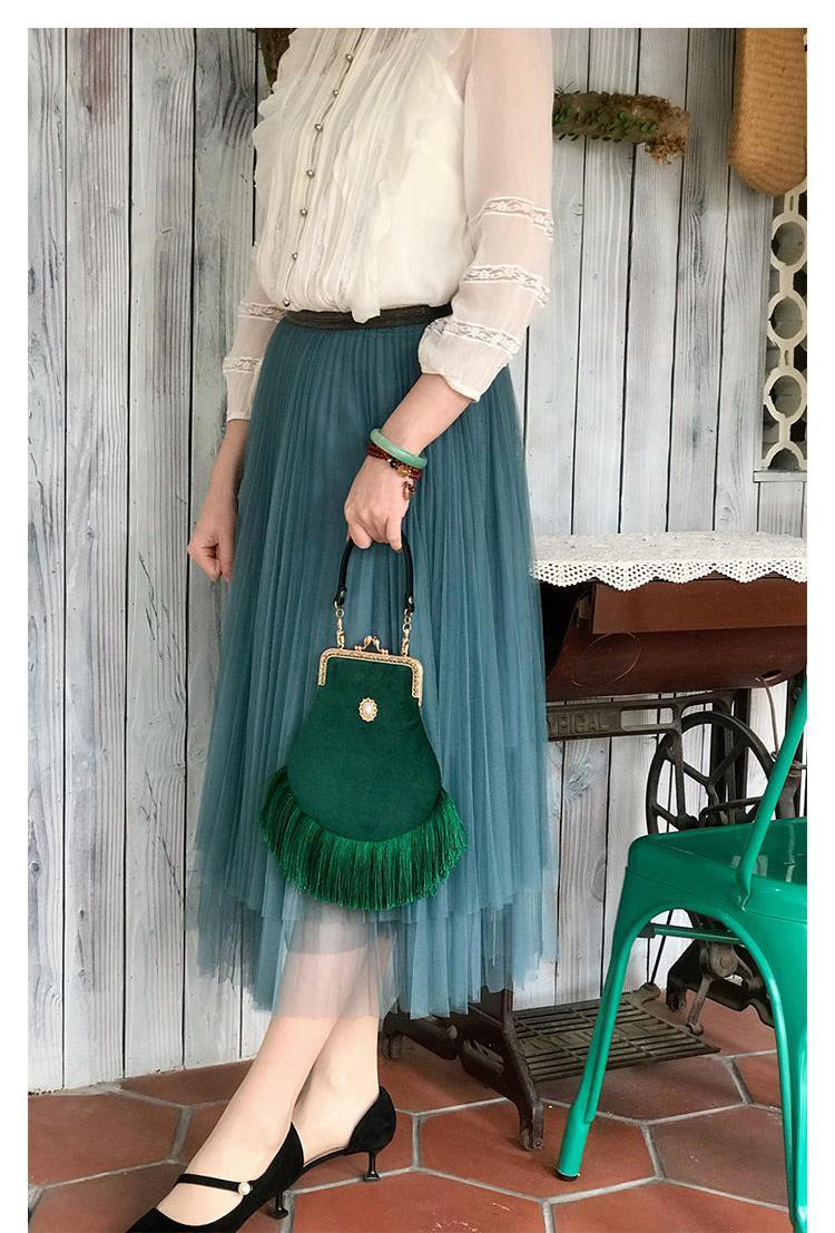 Emerald Green Velvet Handmade Vintage Fringe Tassel Handbags Purses