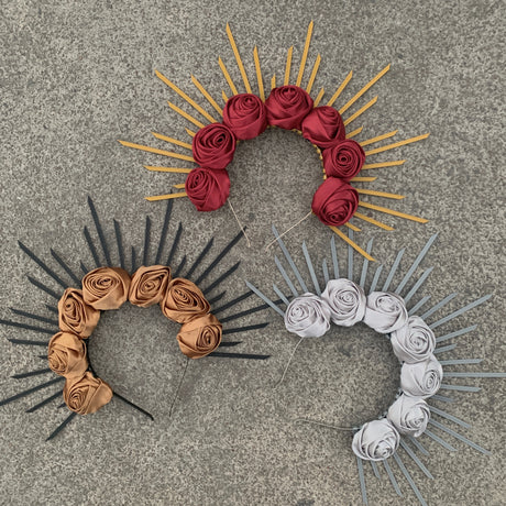 Rose Goddess Crown Spiked Halo Headband Met Gala Sunburst Headpiece