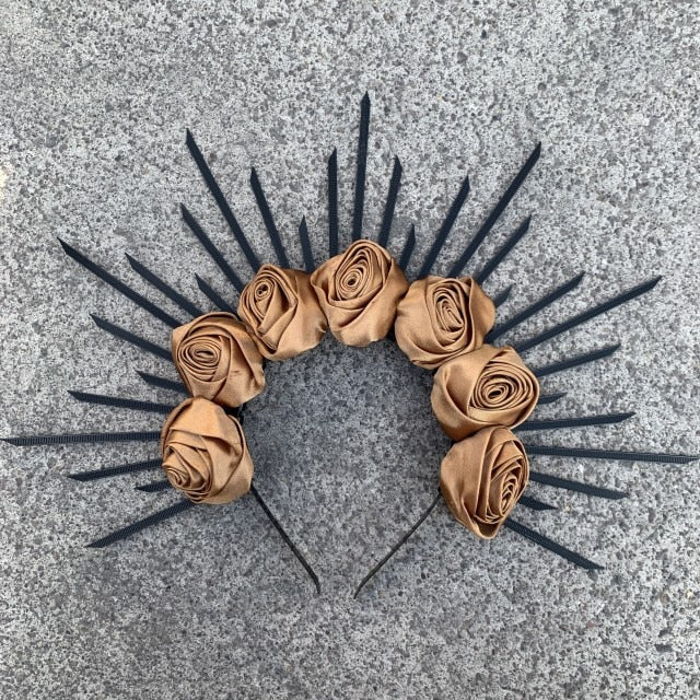 Rose Goddess Crown Spiked Halo Headband Met Gala Sunburst Headpiece