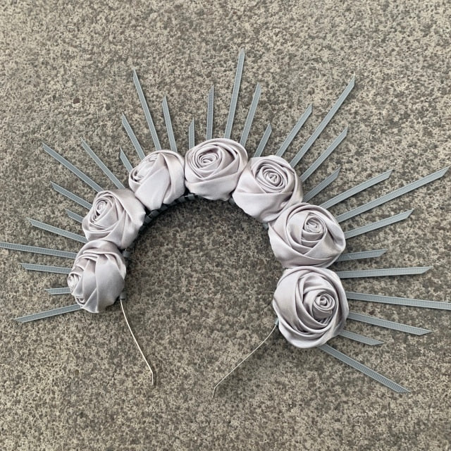 Rose Goddess Crown Spiked Halo Headband Met Gala Sunburst Headpiece