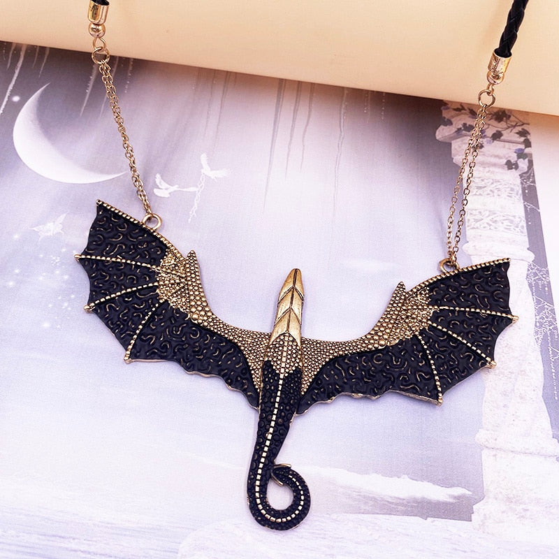 Mother of Dragons Black and Gold Dragon Pendant Necklace