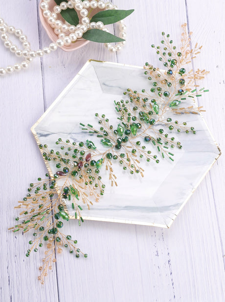 Green Envy Crystal Hair Vine Hair Piece Bridal Gold Hair Accessories & Earrings