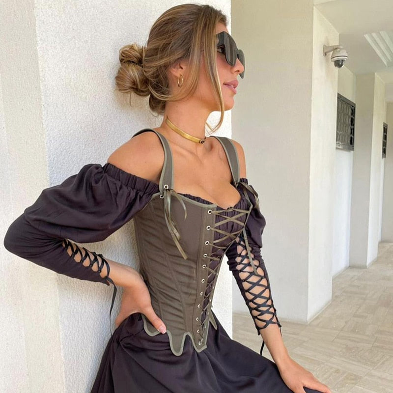 Robin Hood Ribbon Lace Up Cut Out Corset Top