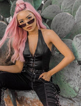 Faux Leather Lace Up Halter Top