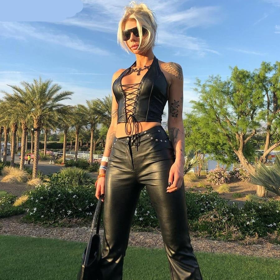 Faux Leather Lace Up Halter Top