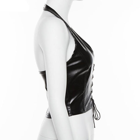 Faux Leather Lace Up Halter Top