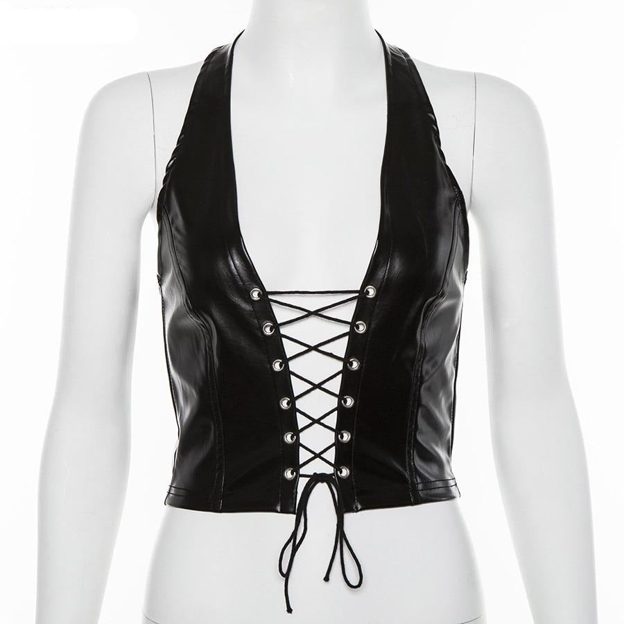 Faux Leather Lace Up Halter Top