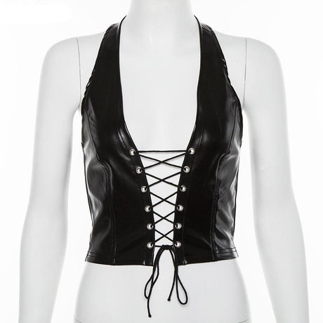 Faux Leather Lace Up Halter Top