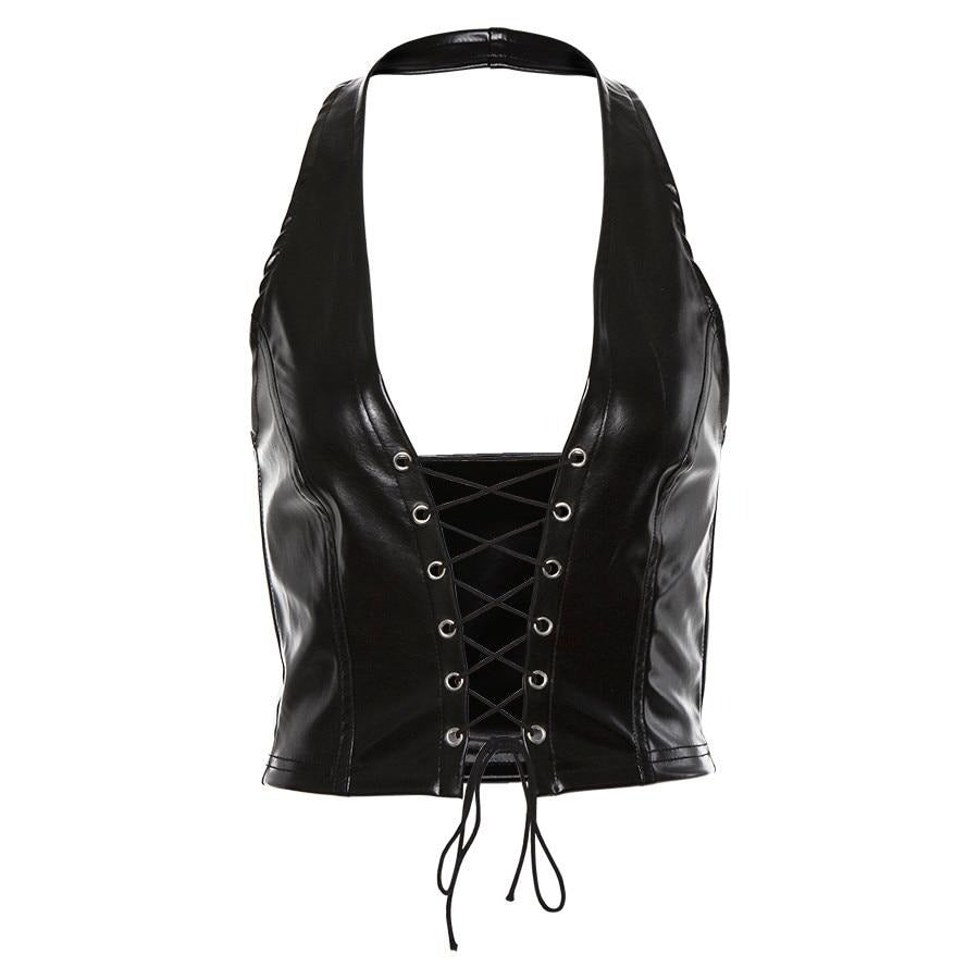 Faux Leather Lace Up Halter Top