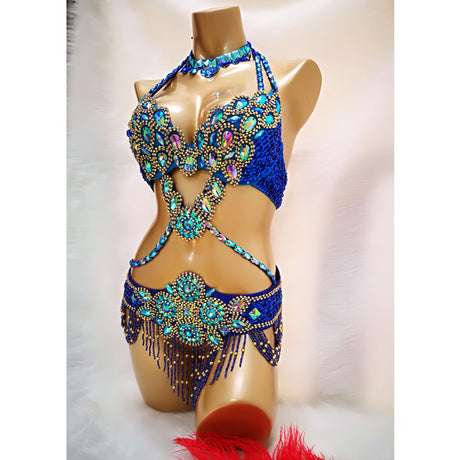 Beaded Crystal Belly Dance Costume Bra+Belt+Necklace 3pc Performance Set