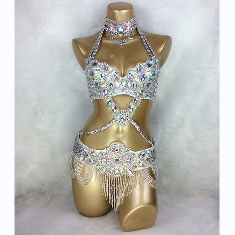 Beaded Crystal Belly Dance Costume Bra+Belt+Necklace 3pc Performance Set