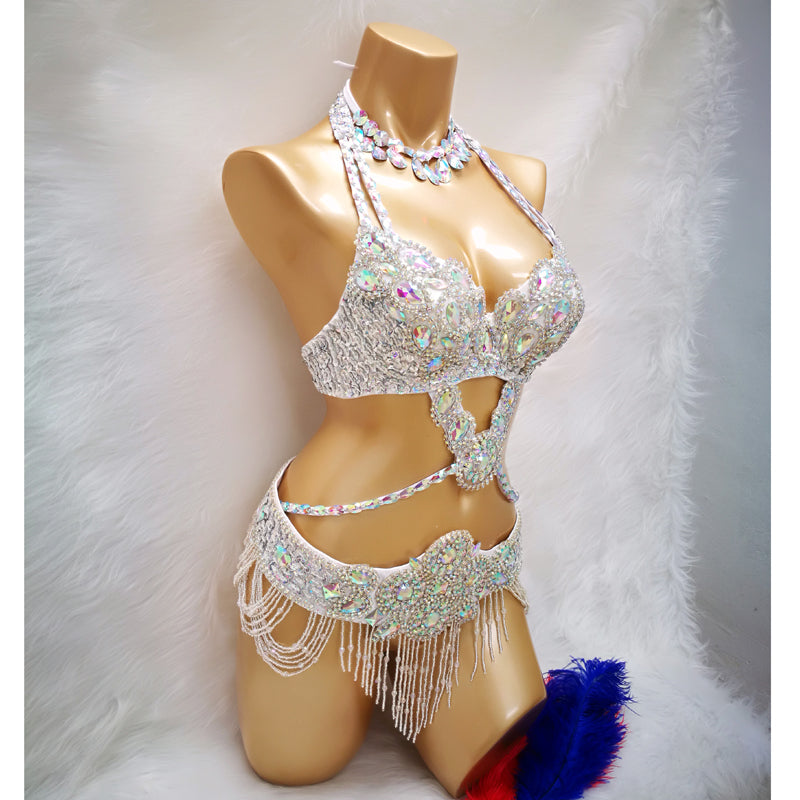 Beaded Crystal Belly Dance Costume Bra+Belt+Necklace 3pc Performance Set