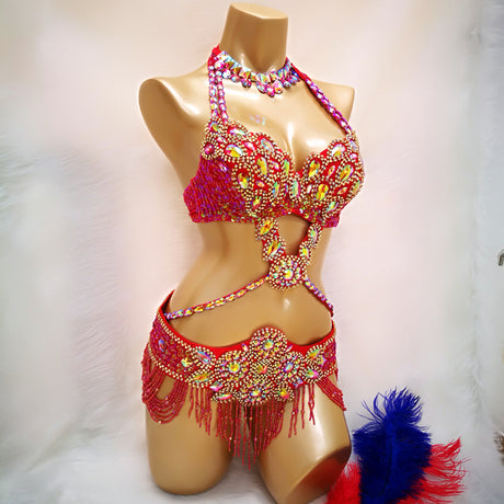 Beaded Crystal Belly Dance Costume Bra+Belt+Necklace 3pc Performance Set