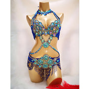 Beaded Crystal Belly Dance Costume Bra+Belt+Necklace 3pc Performance Set