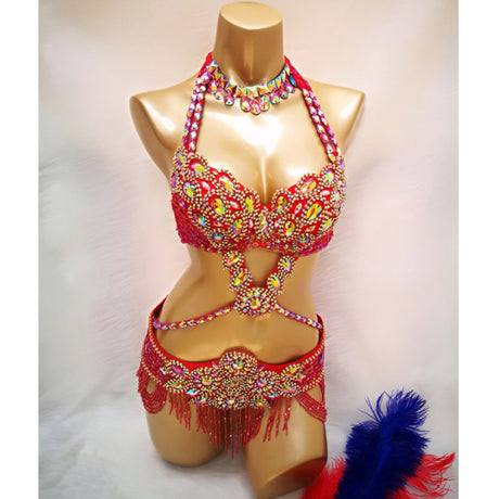 Beaded Crystal Belly Dance Costume Bra+Belt+Necklace 3pc Performance Set