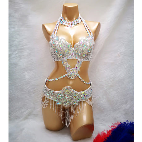 Beaded Crystal Belly Dance Costume Bra+Belt+Necklace 3pc Performance Set
