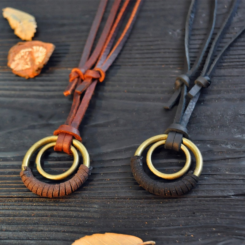 Genuine Leather Mens Adjustable Knot Rope Necklace