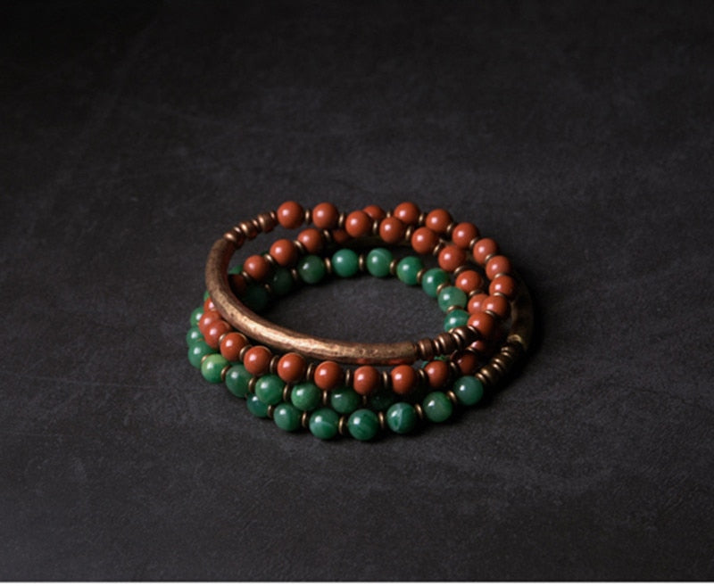 Multi Layer Copper African Grass Jade or Red Jasper Handcrafted Unisex Bracelet
