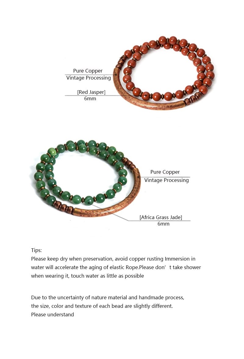 Multi Layer Copper African Grass Jade or Red Jasper Handcrafted Unisex Bracelet