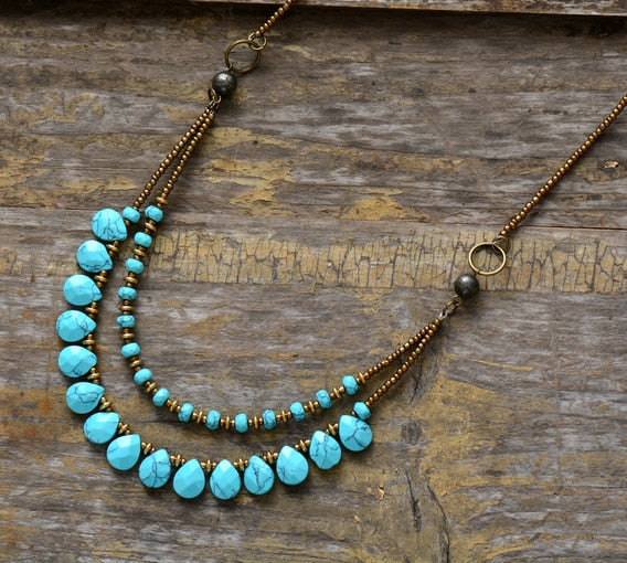 Teardrop Turquoise Stones Seed Beads Necklace