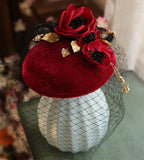 Vintage French Style Mini Fascinator Wine Red Flower Bead Face Veil