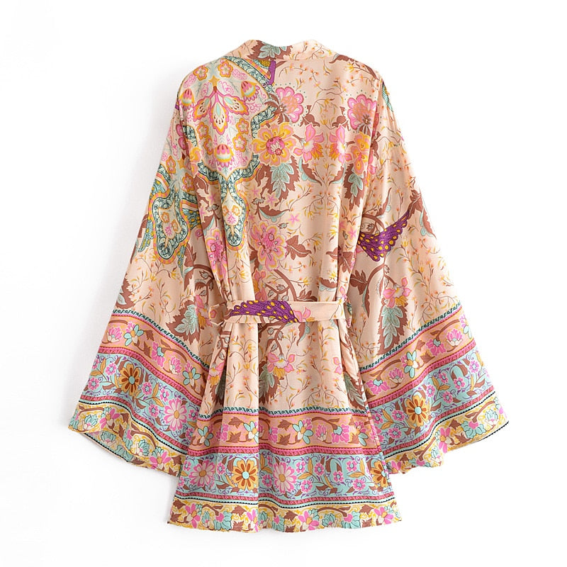 Boho Vintage Peacock Floral Print Short Kimono Jacket