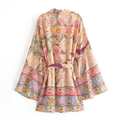 Boho Vintage Peacock Floral Print Short Kimono Jacket