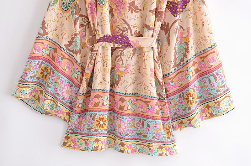 Boho Vintage Peacock Floral Print Short Kimono Jacket