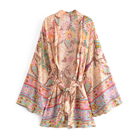 Boho Vintage Peacock Floral Print Short Kimono Jacket